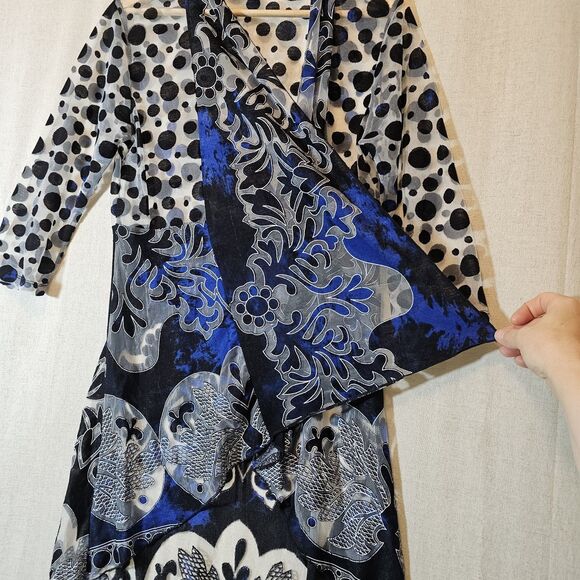 Anis A Cardigan Women Medium Black Blue 3/4 Sleeve Ruffle Fitted Sheer Boho - Picture 3 of 10